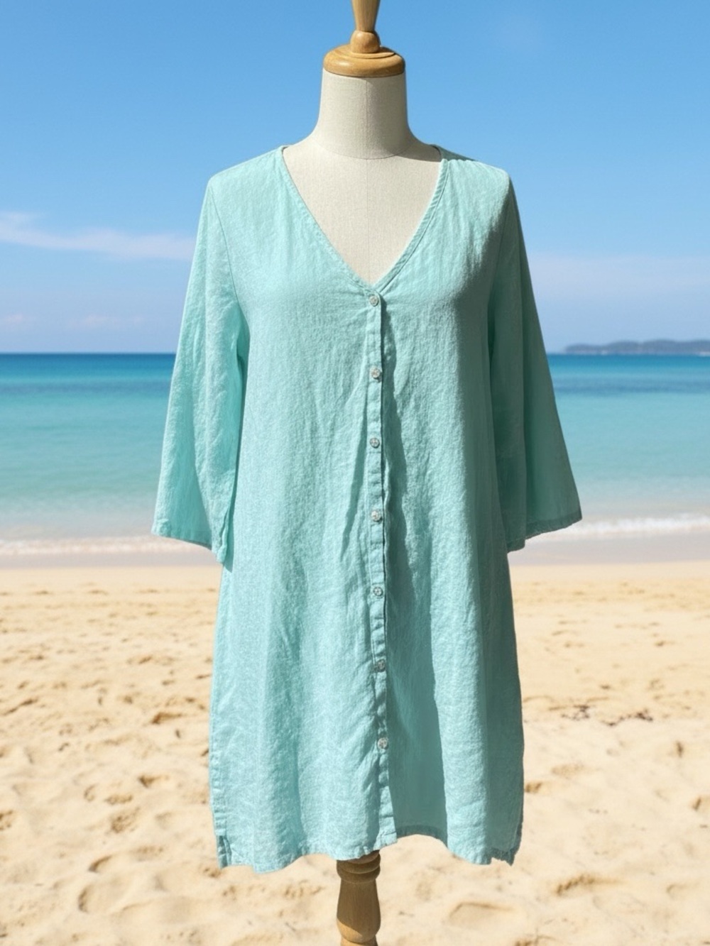 Russ Berens Aqua Blue Linen Full Button Tunic Top Medium Roomy Beachy Coastal - Picture 3 of 10